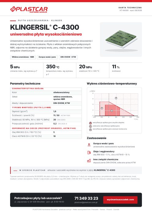Karta techniczna Klingersil C-4300 Karta techniczna płyty uszczelkarskiej Klingersil C-4300