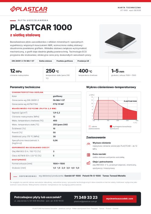 Karta techniczna PLASTCAR 1000 Karta techniczna płyty uszczelkarskiej PLASTCAR 1000