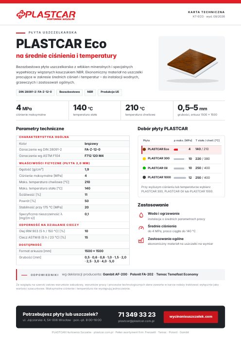 Karta techniczna PLASTCAR Eco Karta techniczna płyty uszczelkarskiej PLASTCAR Eco