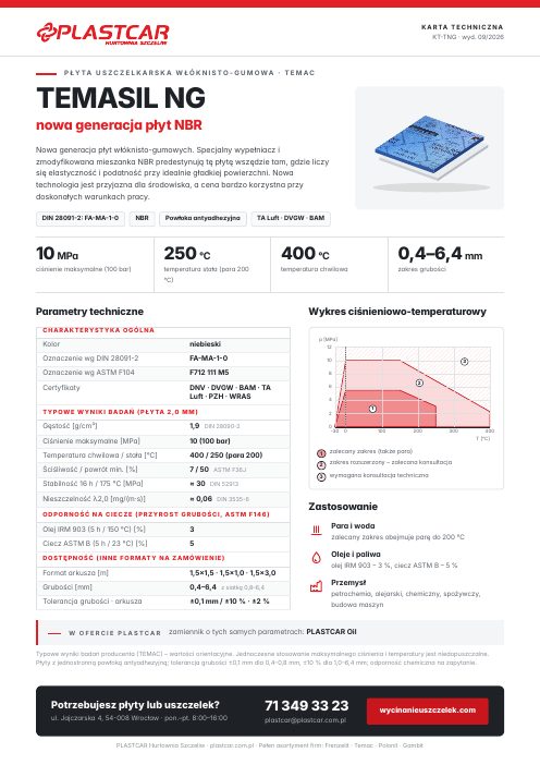 Karta techniczna Temasil NG Karta techniczna płyty uszczelkarskiej Temasil NG